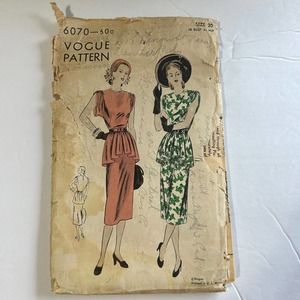 Vogue Vintage 1940's Pattern #6070 Women's One Piece Peplum Dress Size 12 HTF